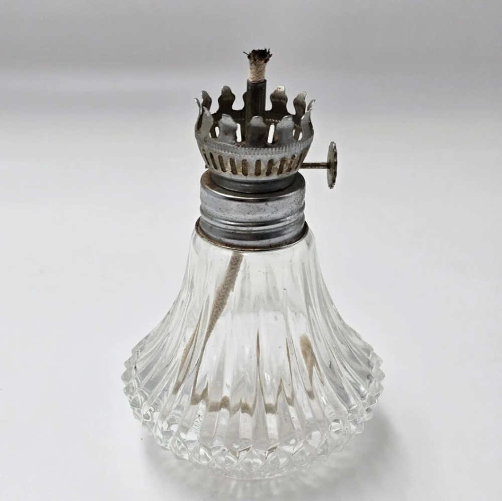 Vintage 5" Lamplight Farms Clear Cut Glass Oil Lamp Base with Wick - No Shade